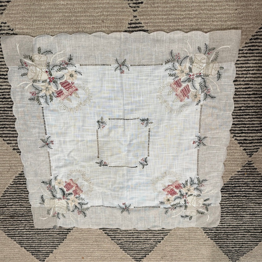 Vintage Embroidered Christmas Tablecloth Bells Poinsettia Holly Hemstitch 33x33 - Picture 12 of 12